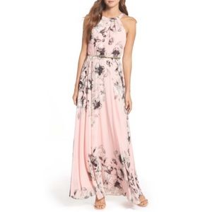🌸 Pink Floral Chiffon Gown